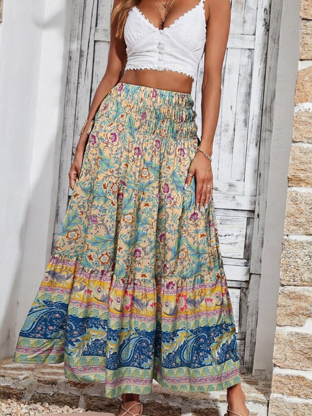 NWOT Women's Floral Tiered Maxi Skirt - Yellow & Teal - Picture 2 of 7
